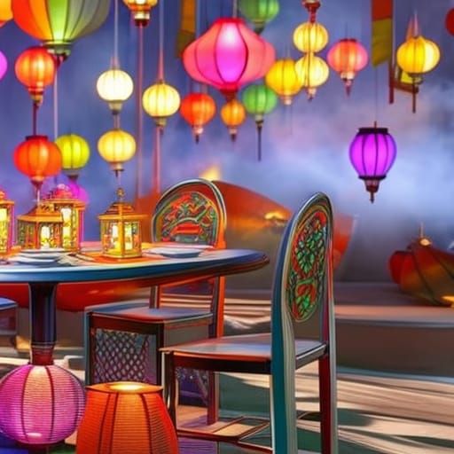 Table with food on it, and colorful lanterns