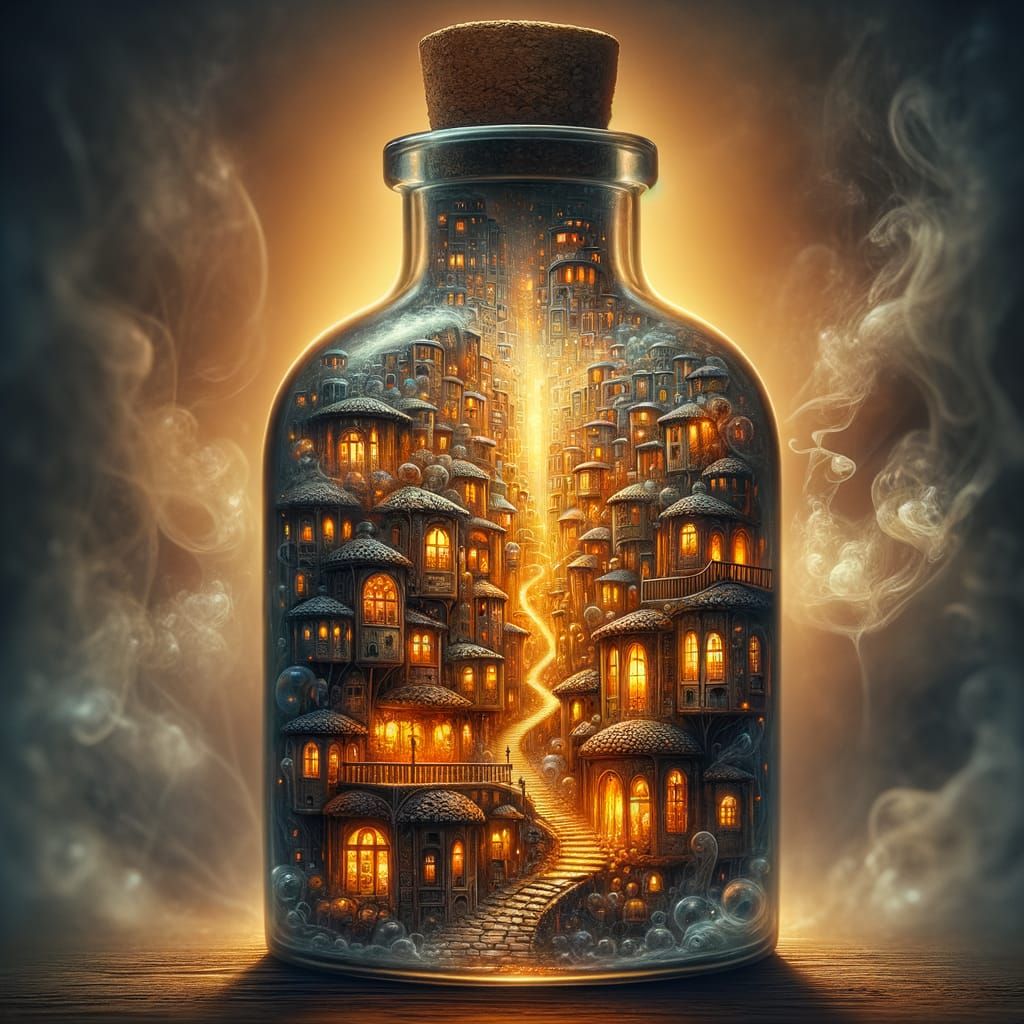 Magic bottle holds tangled streets and secrets.
Tavern windows glow beneath a corked sky.
Fog drips down bottle’s inner curved glass.
