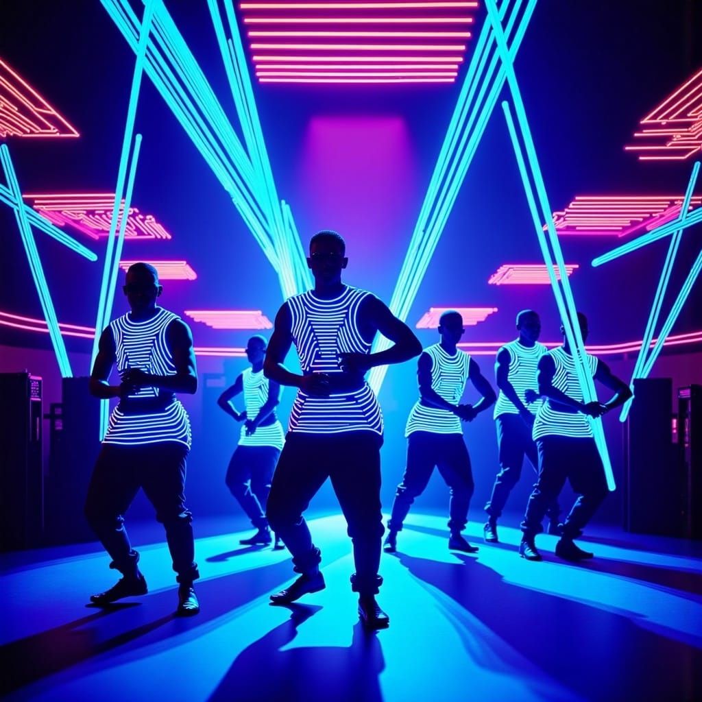 <lora:SynthwaveFluxV1:1.0> A group of dancers performing under laser lights in an underground club, their outfits glowing with electric blu...
