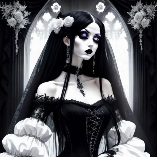 <lora:Goth fashion 2:1.0> Extremely detailed full body of a goth woman in a lace gown in a gothic black interior, detailed intricate realist...