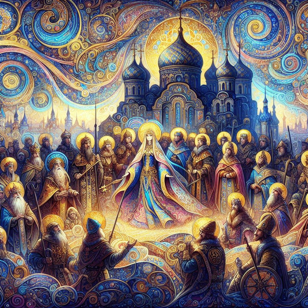 Medieval Rus warriors intensely gathered around wispy, ethereal Princess Olha, Kyiv's majestic Saint Sophia Cathedral soaring behind, a kale...