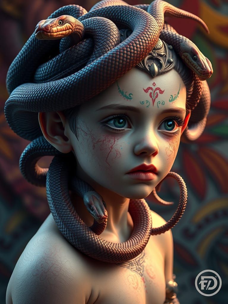 a cute baby Medusa with living snakes in place of hair, her ...