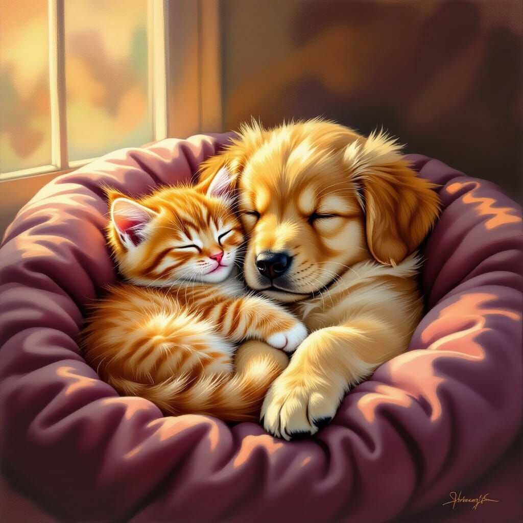 Fluffy Kitten and Puppy Nap in Golden Light
