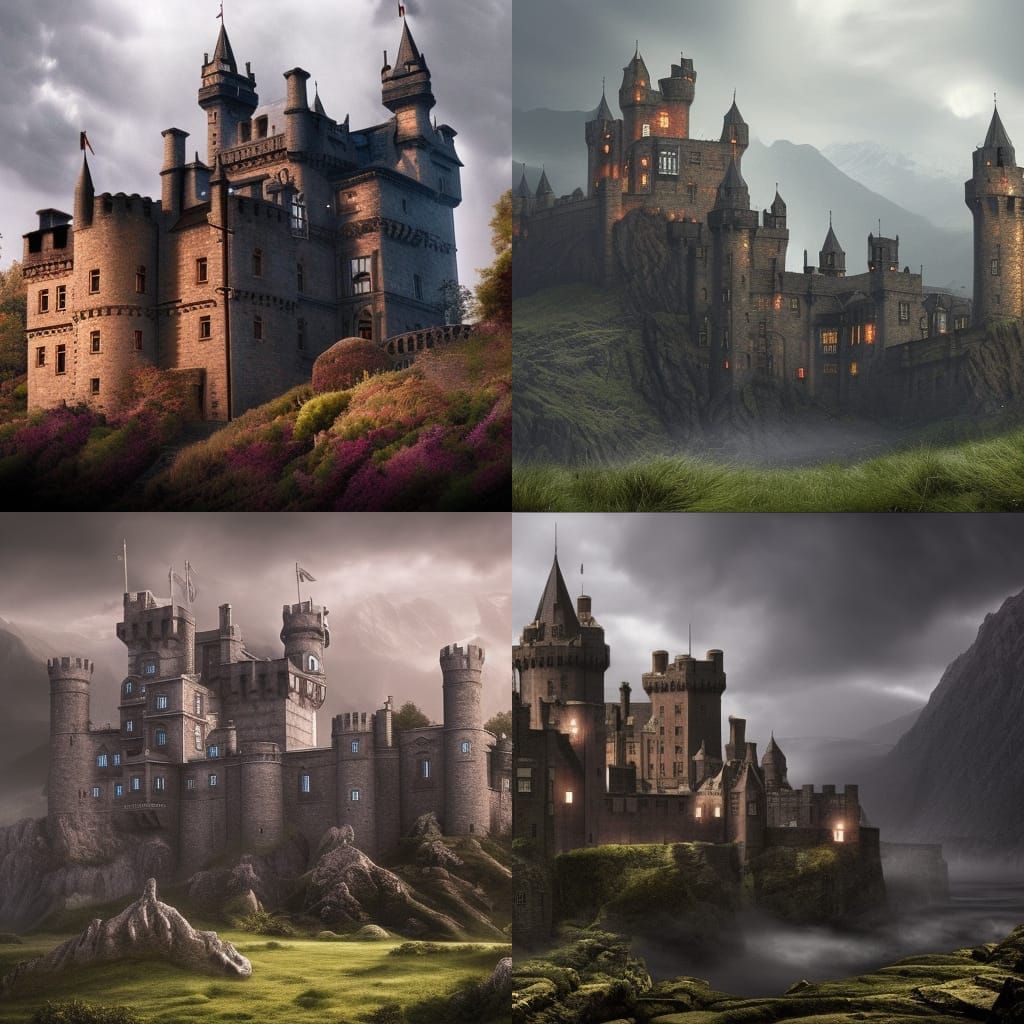 dark British castle, upon a mountain, hd, 4k, detailed