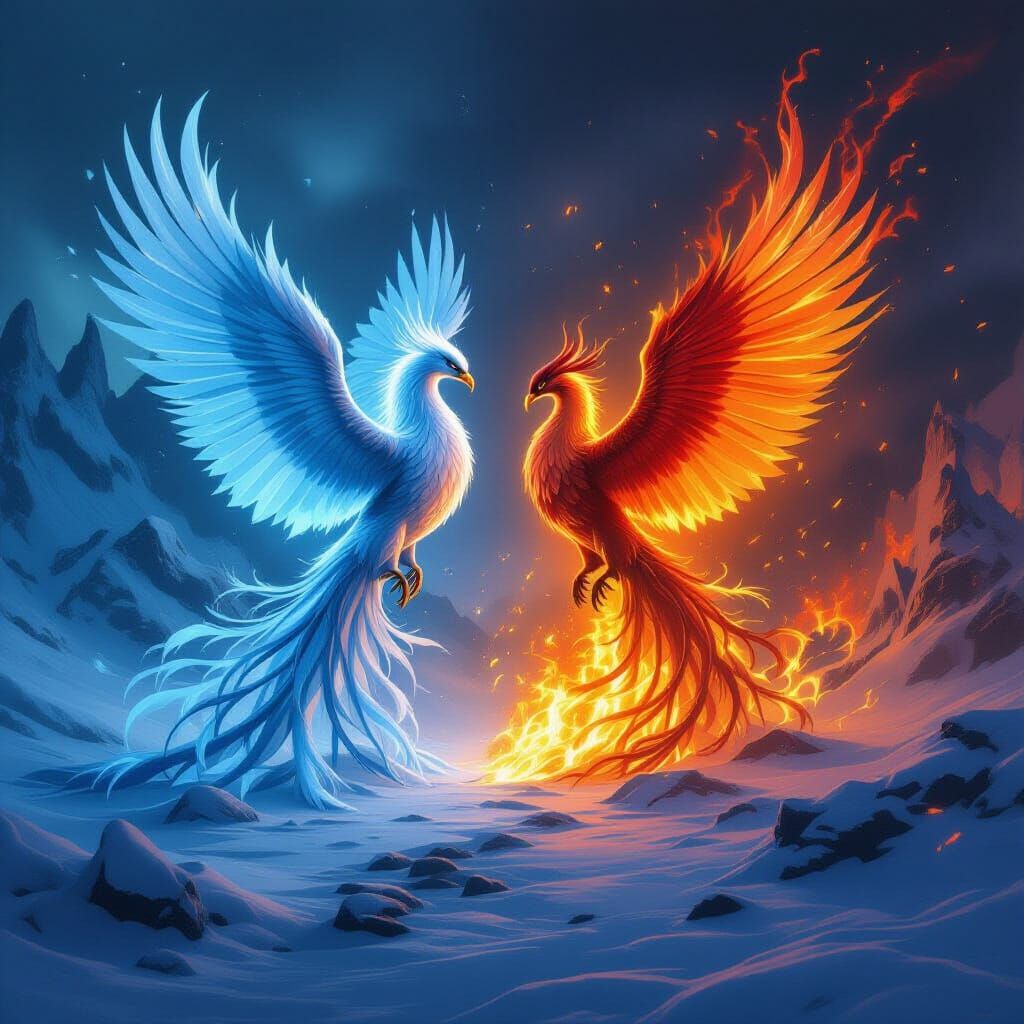 Dual Phoenix: Ice Realm Meets Fiery Battlefield