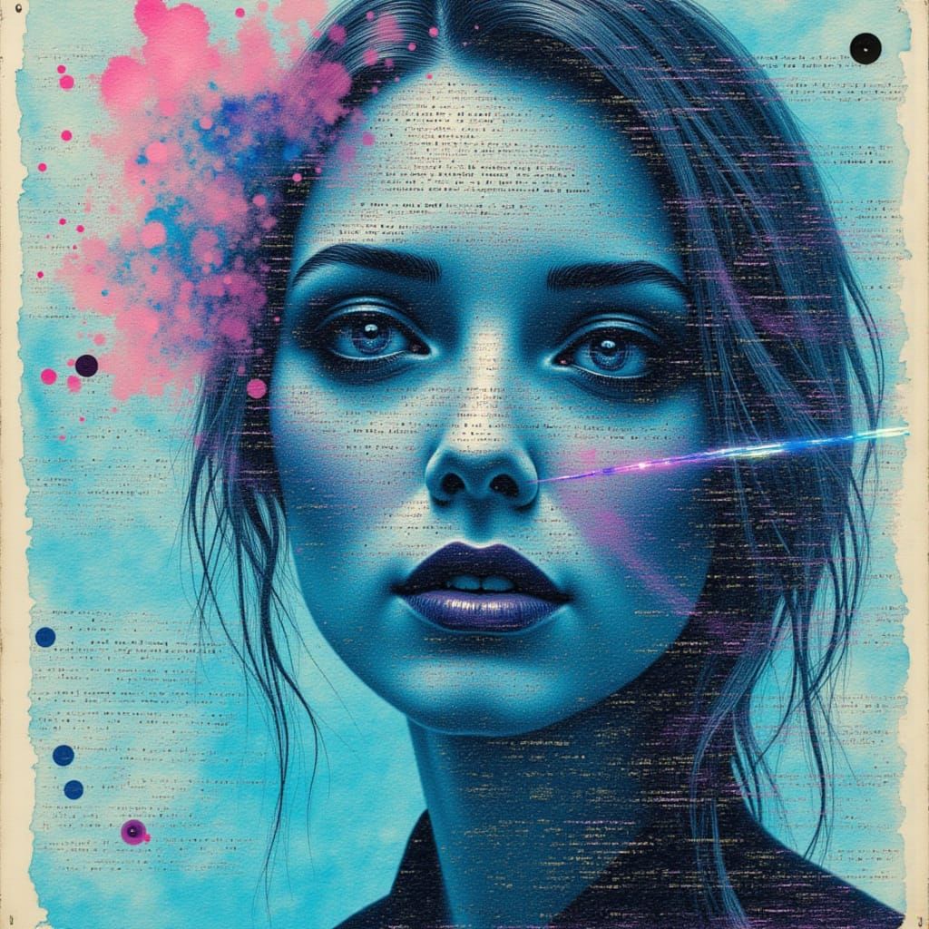 <lora:inspired:1.0> Pages from a handwritten journal morph into glowing lines of digital code, a poetic melancholy conveyed through mixed me...