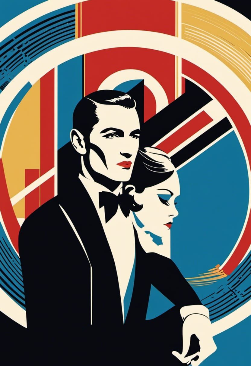 Black white gold Art Deco Rudolph Valentino 1920s Erte black...