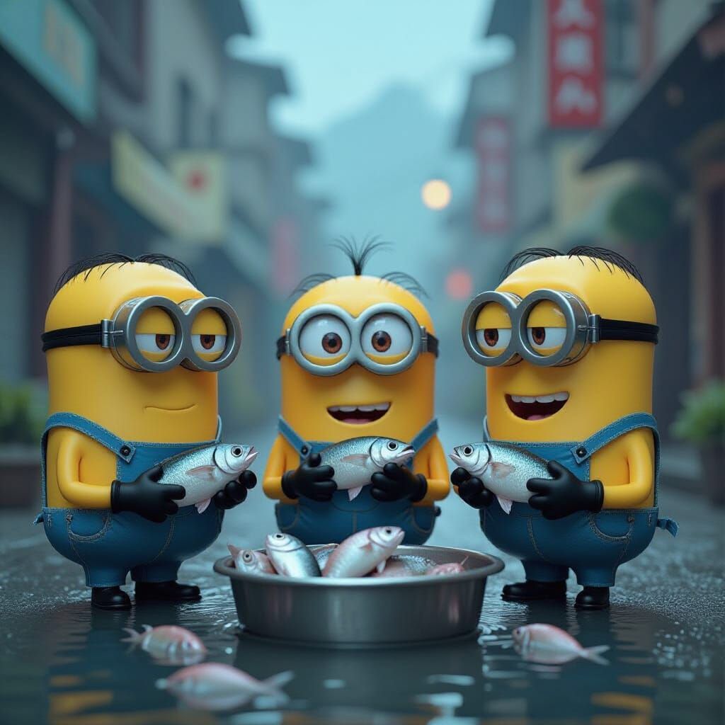 Hyperrealistic Minions Eating Fish in Cinematic Style