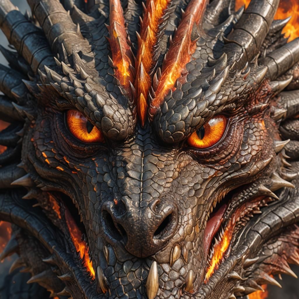 Close up on a dragon face, eyes look like fire