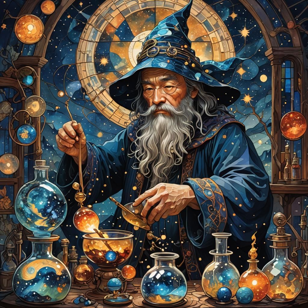 Wizard mixes elixirs in his laboratory dark starry night, stained glass patterns, gorgeous eyes, fantasy ...  by @Pjrockey