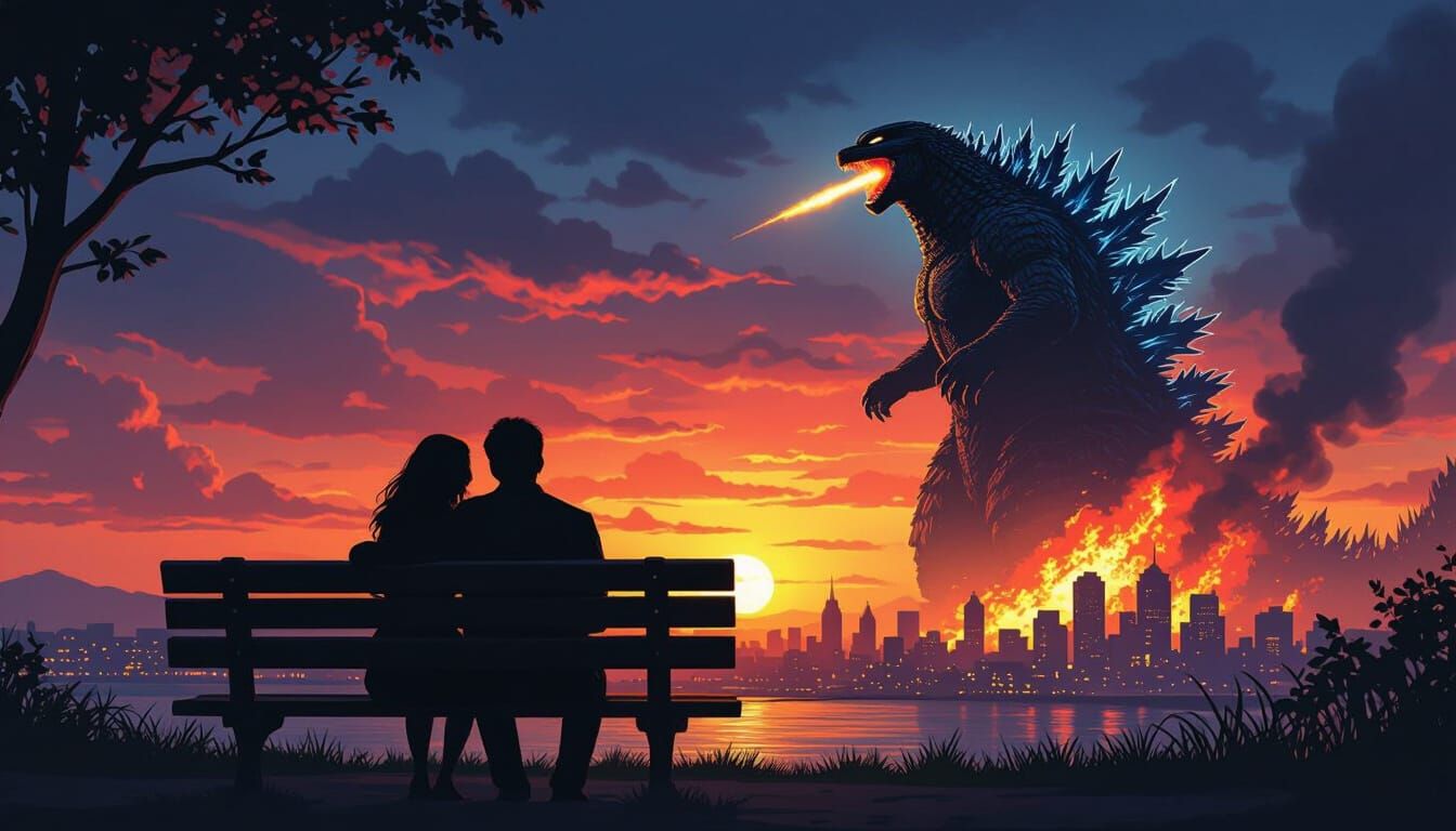 Couple's Sunset Watch Interrupted by Godzilla Attack
