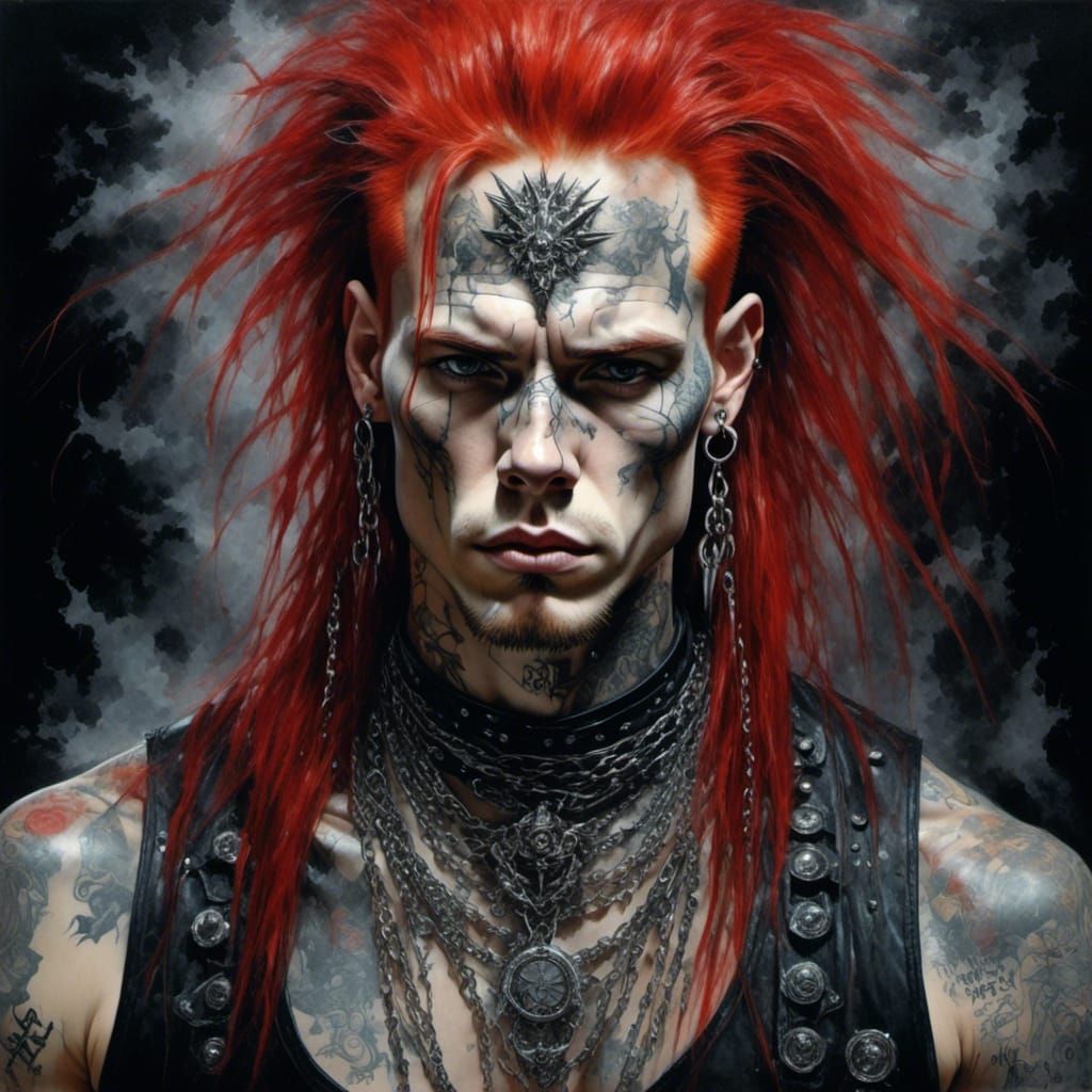 <lora:Artistic metal:1.0> ginger man, long hair, red, intricate spiked metalhead jewelry, spiked jewelry, spikes, tattoos, spiked choker, pu...