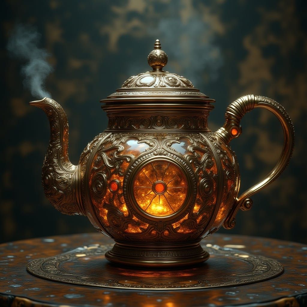 <lora:MJ6-1 FluxSurreal:1.0> A teapot with gears and mechanisms that brews tea with precise timing, surrealism, cinematic atmosphere, mind-...