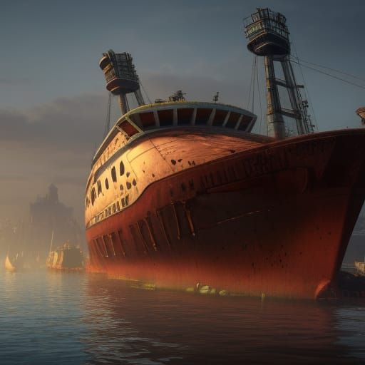 giant rusting cruise ships sitting in abandoned polluted harbor - AI ...