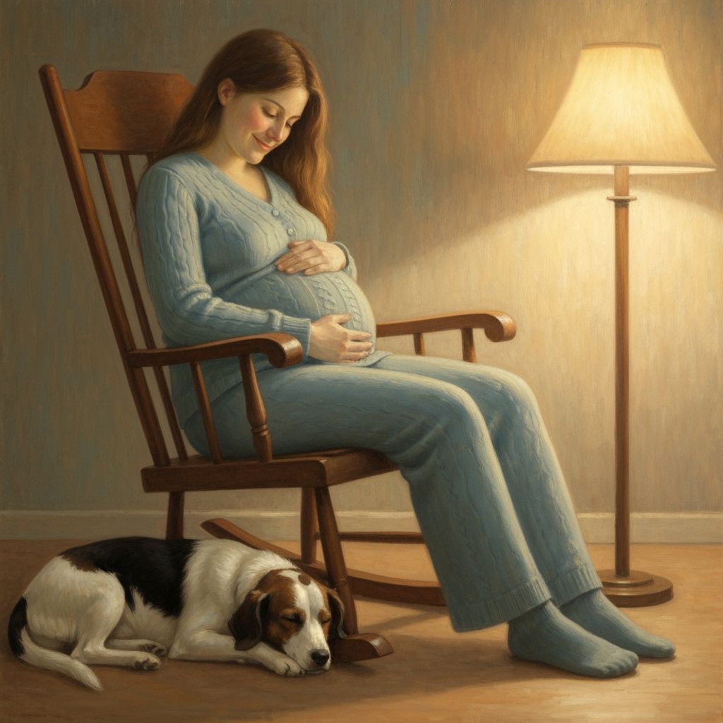 A very pregnant woman who is sitting in her rocking chair in cozy clothing. 