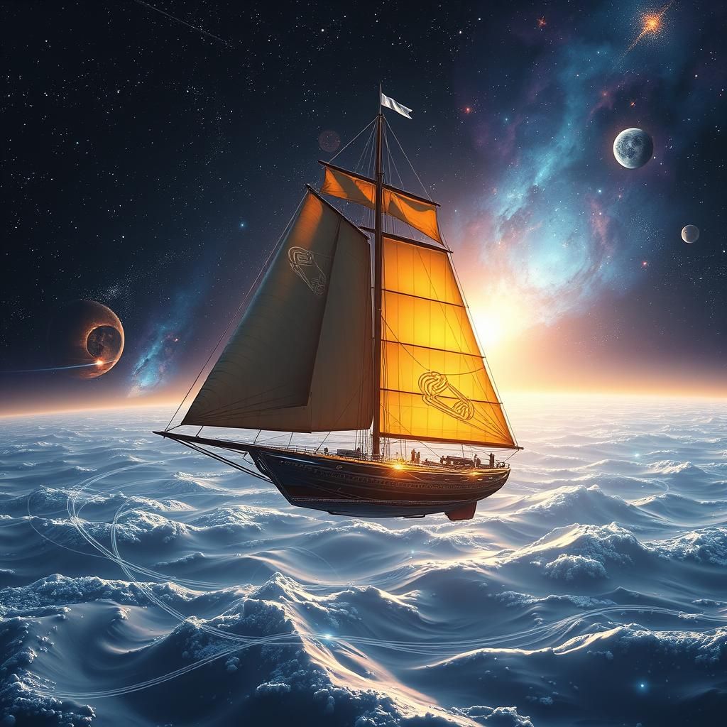 A futuristic spaceship resembling a sailboat, gliding on an ocean of stars and nebulae, with planets, moons, and galaxies in the distant hor...