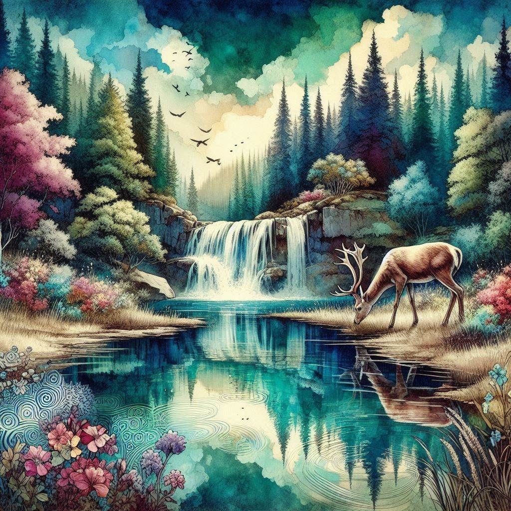 Waterfall and Stag