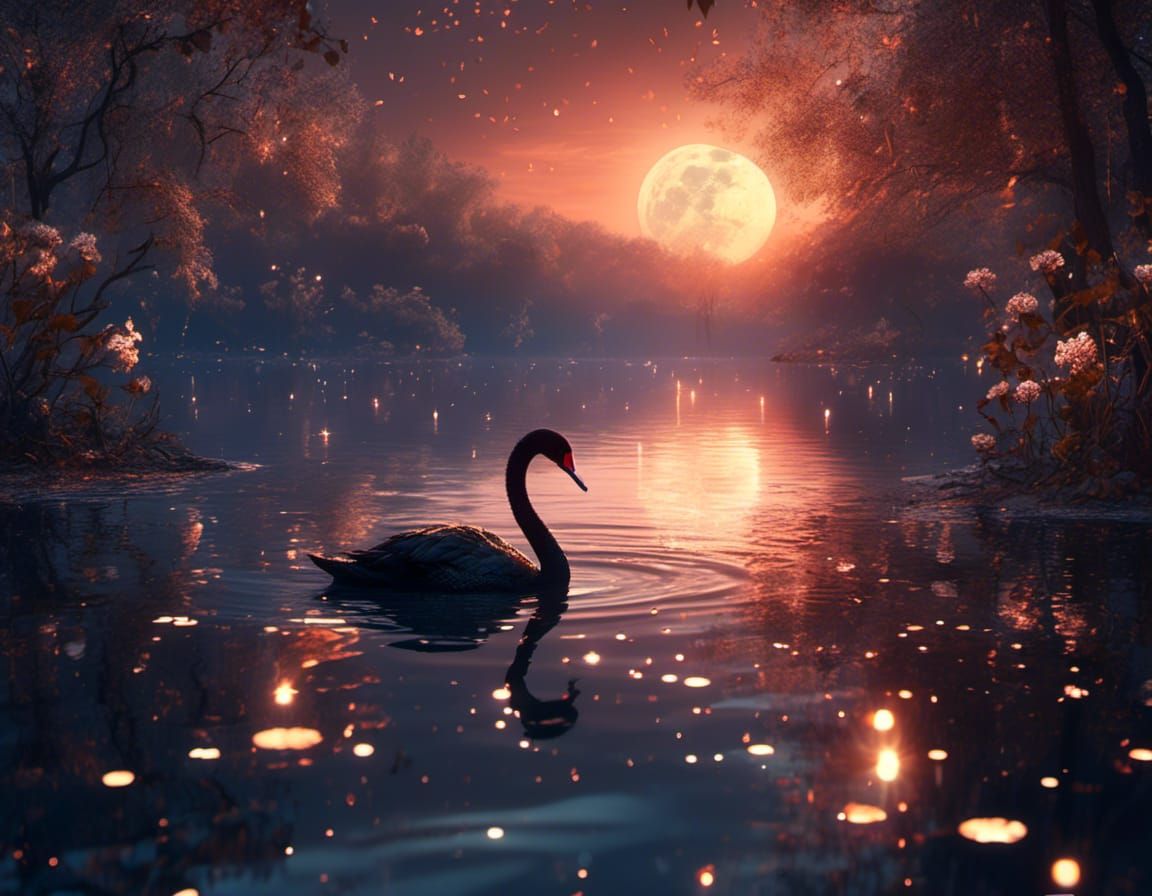 Black swan on a moonlit sparkling lake at dusk