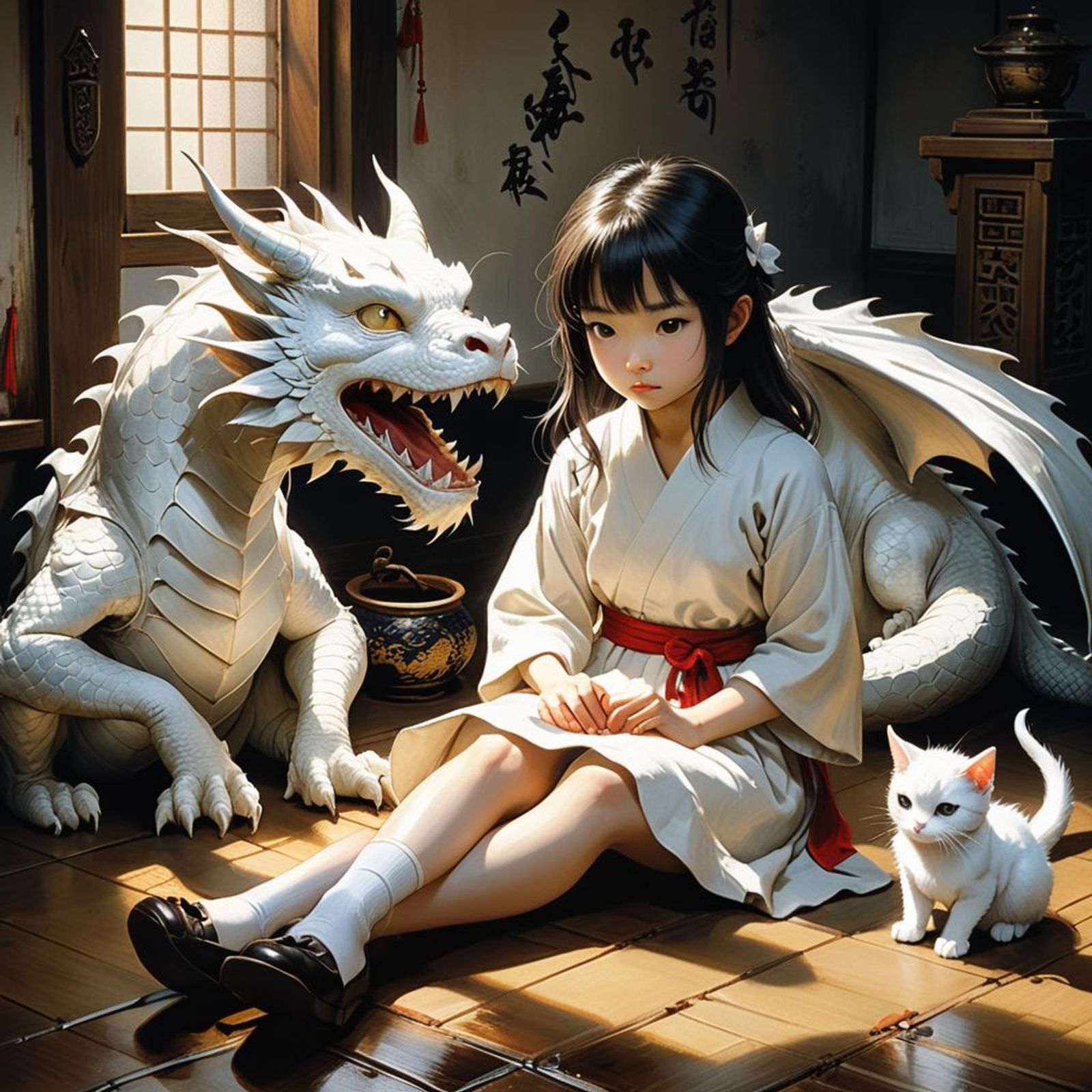 Little girl sitting on the floor next to a dragon, a picture, by
