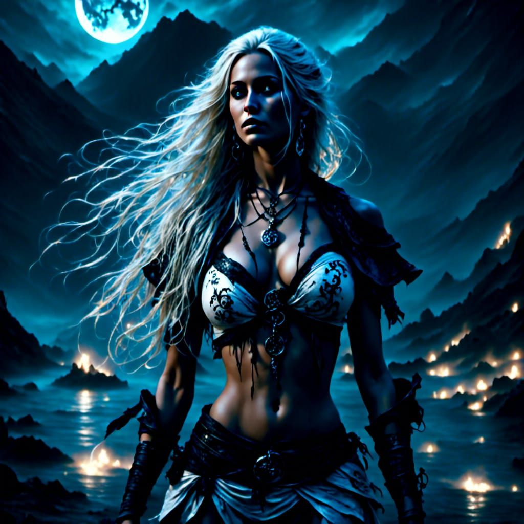 <lora:Inconceivable:1.3> Dark fantasy, Gothic pirate, black symbols on face, gorgeous, stands wearing sparkling white bikini , moonlight shi...