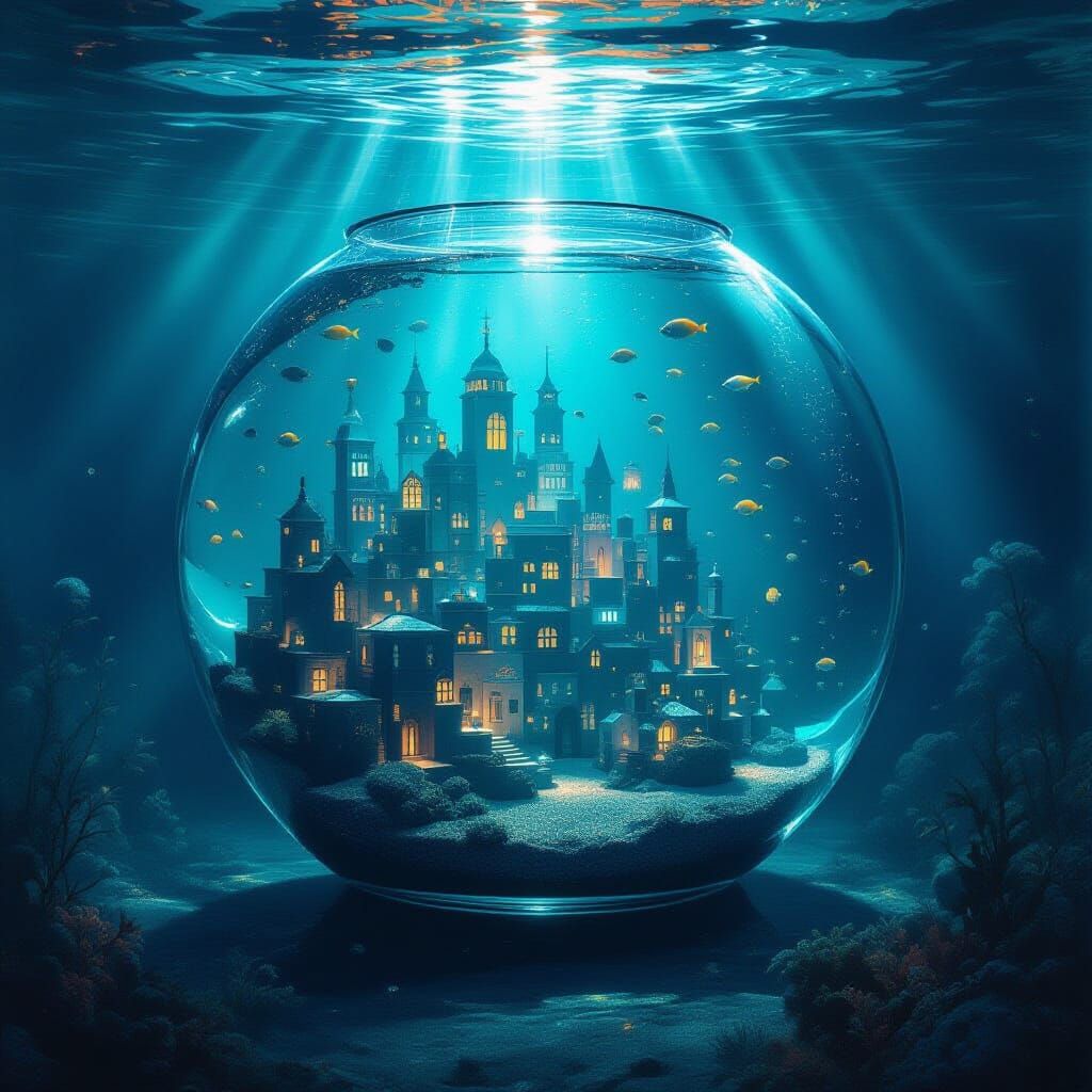 Underwater City in Aquarium: Surreal Oil Painting