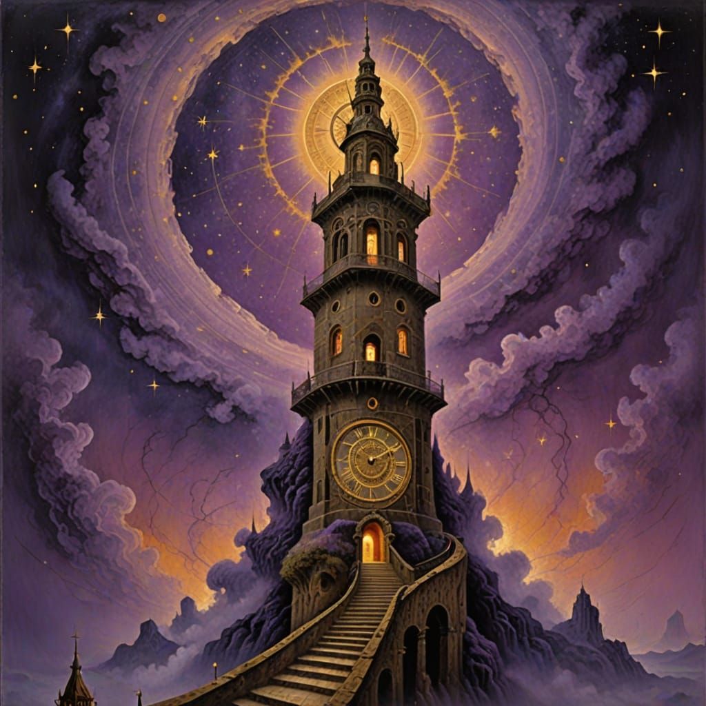 Surrealist oil painting. A celestial clock tower floats in a nebula of swirling amethyst and gold, constellations form pathways for celestia...