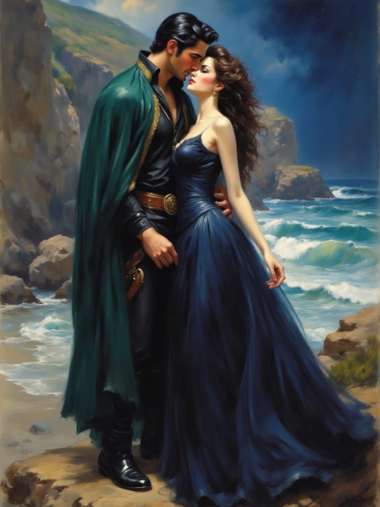 <lora:Romance novel cover:1.0> gothic romance cover of a black haired man in a green lined cloak and brown haired woman in a dark blue gown,...