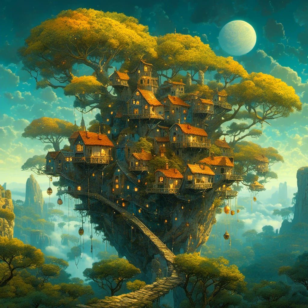 <lora:MJ6 Surreal Builds:1.0> Glowing Treehouse Village: A village of treehouses suspended among bioluminescent trees, with glowing foliage...