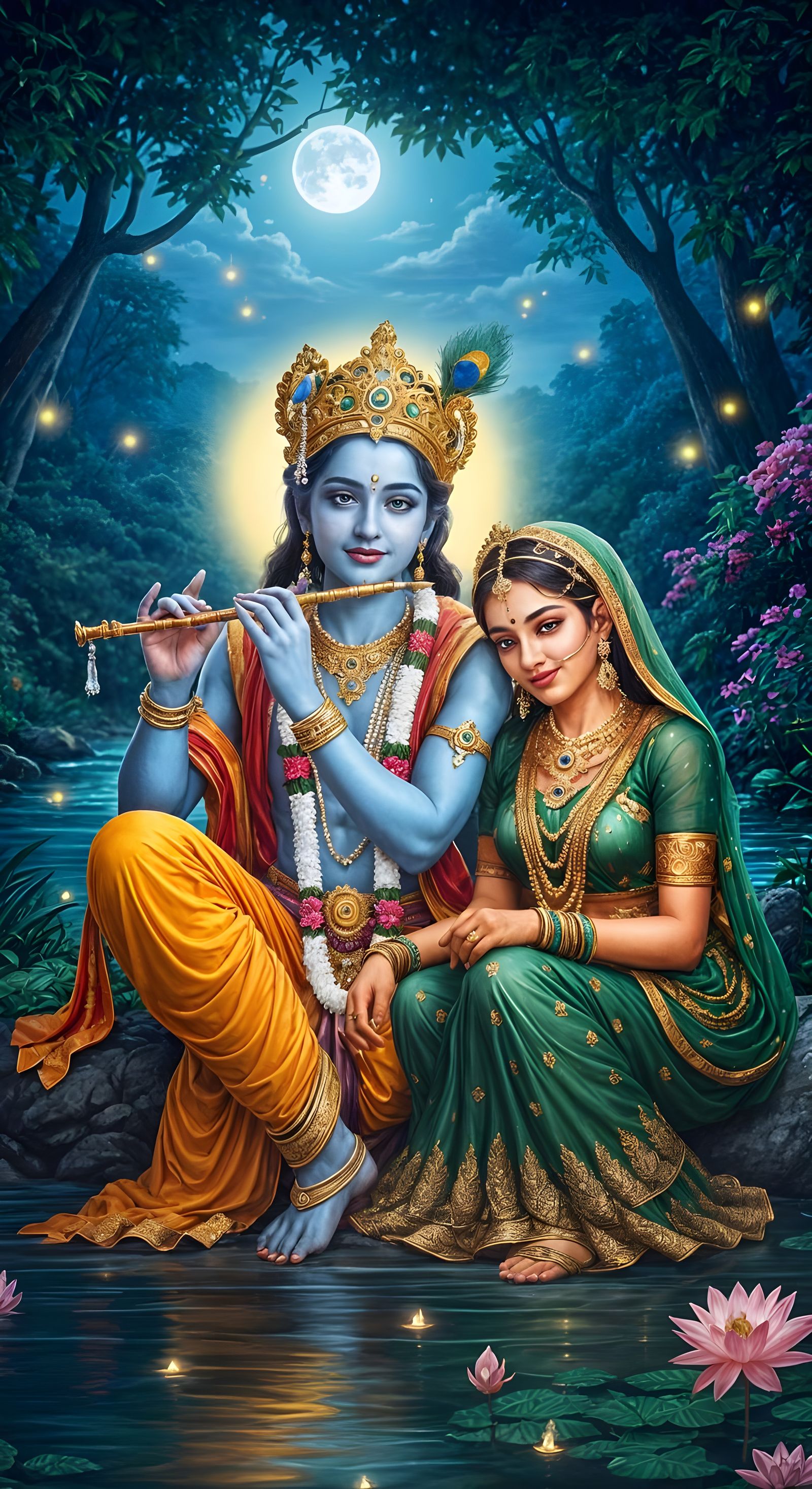 Lord Krishna and Radha in Lush Moonlit Forest, Hyper-Realist...