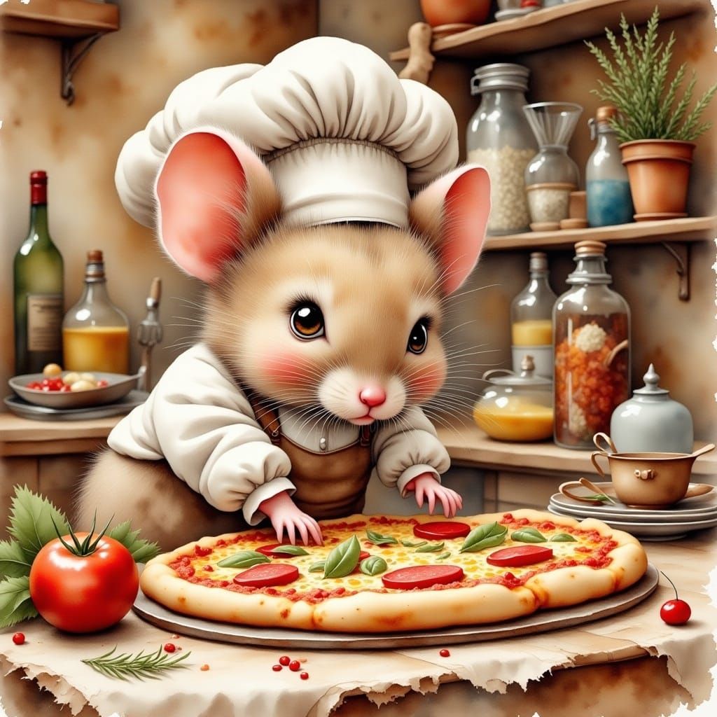 <lora:Antique Watercolor 2:1.0> cute adorable little fuzzy fluffy chef mouse baking a pizza gritty grunge antique watercolor style with a t...