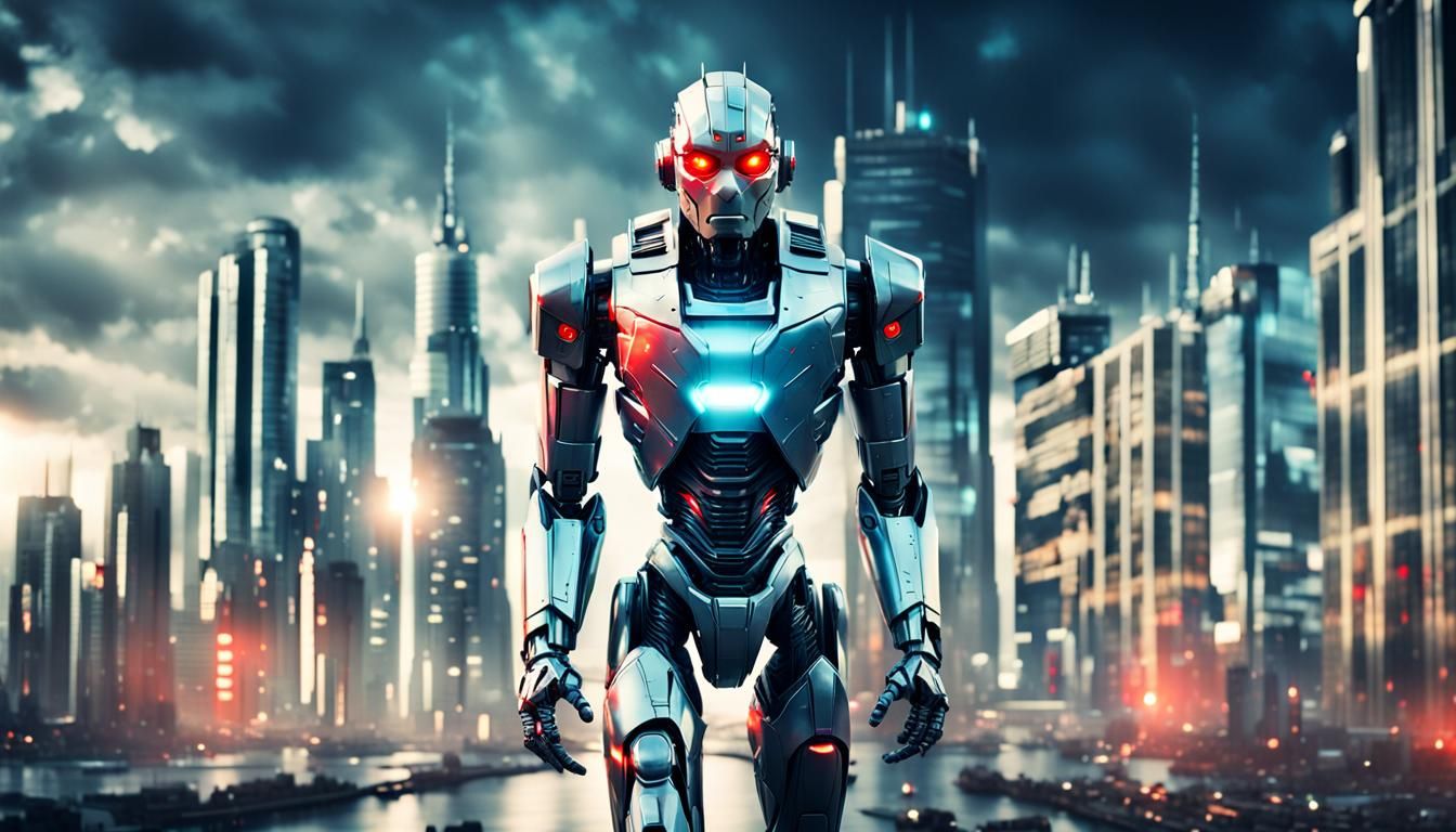 An angry metallic robot android with glowing red eyes walking in a futuristic city in a science fiction movie. HDR, beautifully shot, hyperr...