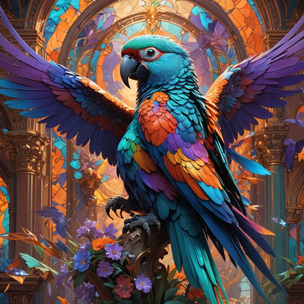 Parrot with wings of blue and purple sitting on the shoulder...