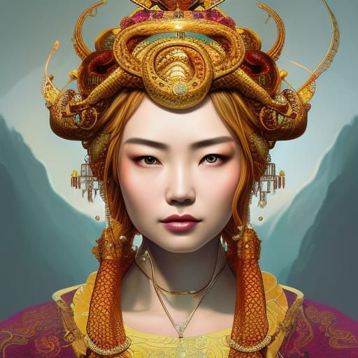 Empress with Gemstone Crown and Snakes: Art Nouveau Portrait