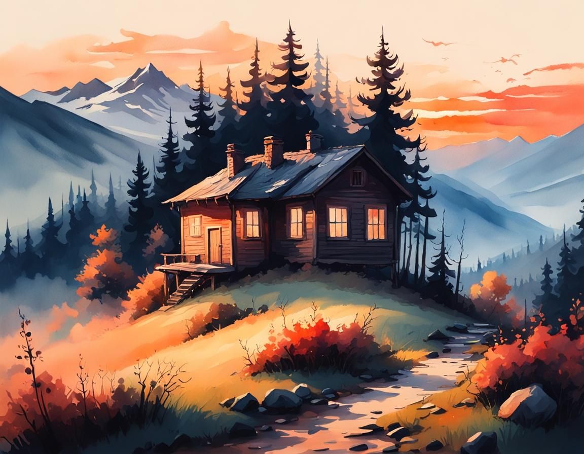 Sunset House on Hill: Watercolor Matte Painting