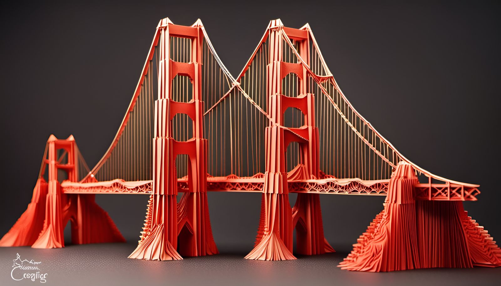 A detailed origami recreation of the Golden Gate Bridge, realistic origami, highly detailed, dramatic lighting, indoor c...