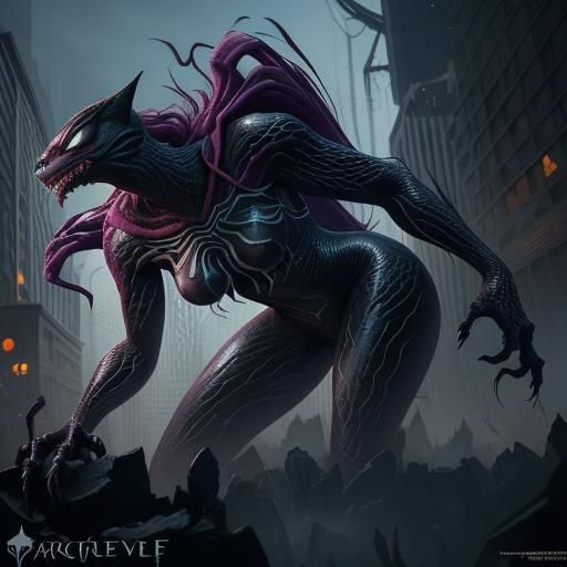 Giant Spider-Gwen venom symbiote werewolf, with muzzle, canine nose ...