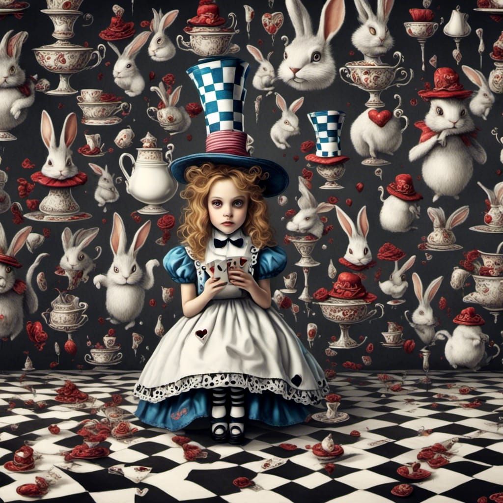 Alice in Wonderland upside-down Madd Hatter, rabbits, mushrooms, queen ...