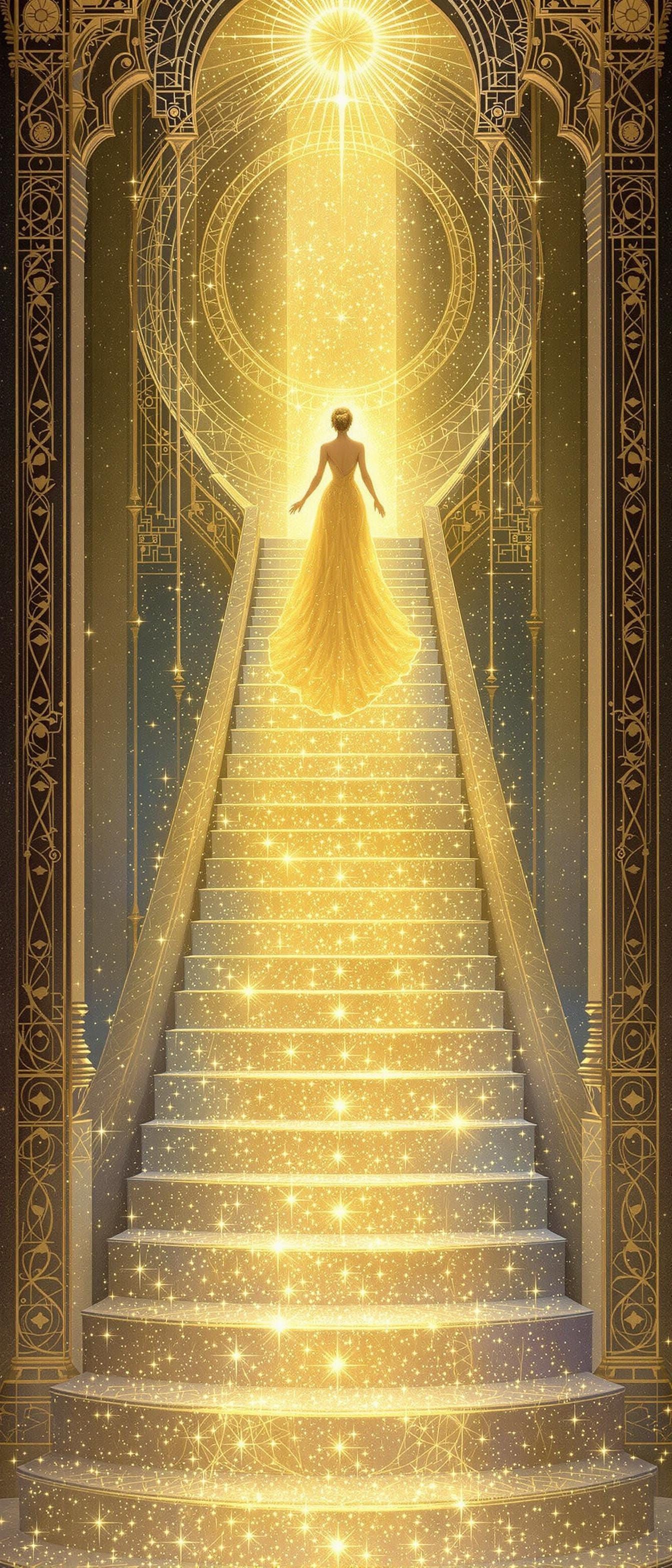 Regal Woman Ascends Heavenly Stairway in Ethereal Style