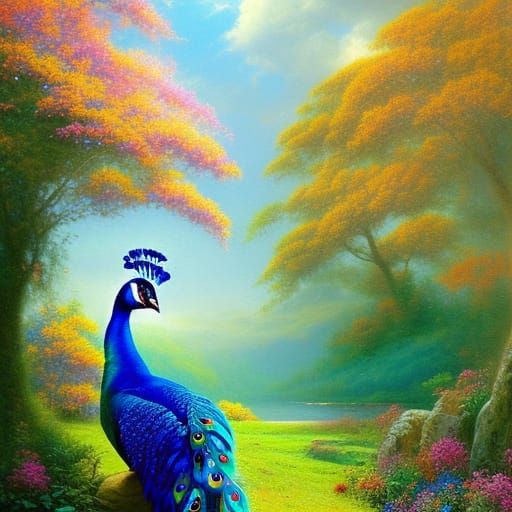 Flowery Landscape and 1 Peacock