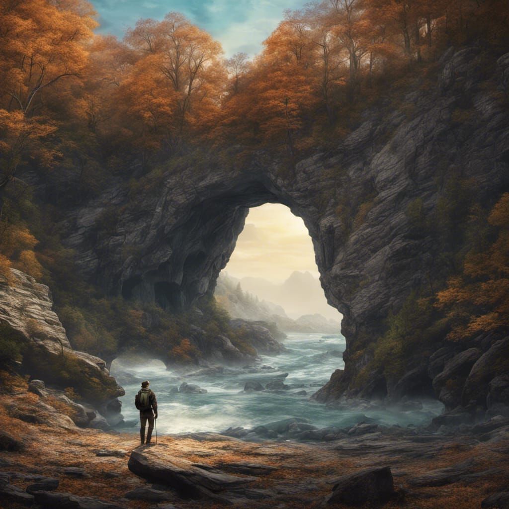 a dynamic composition featuring a hiker standing beneath the...