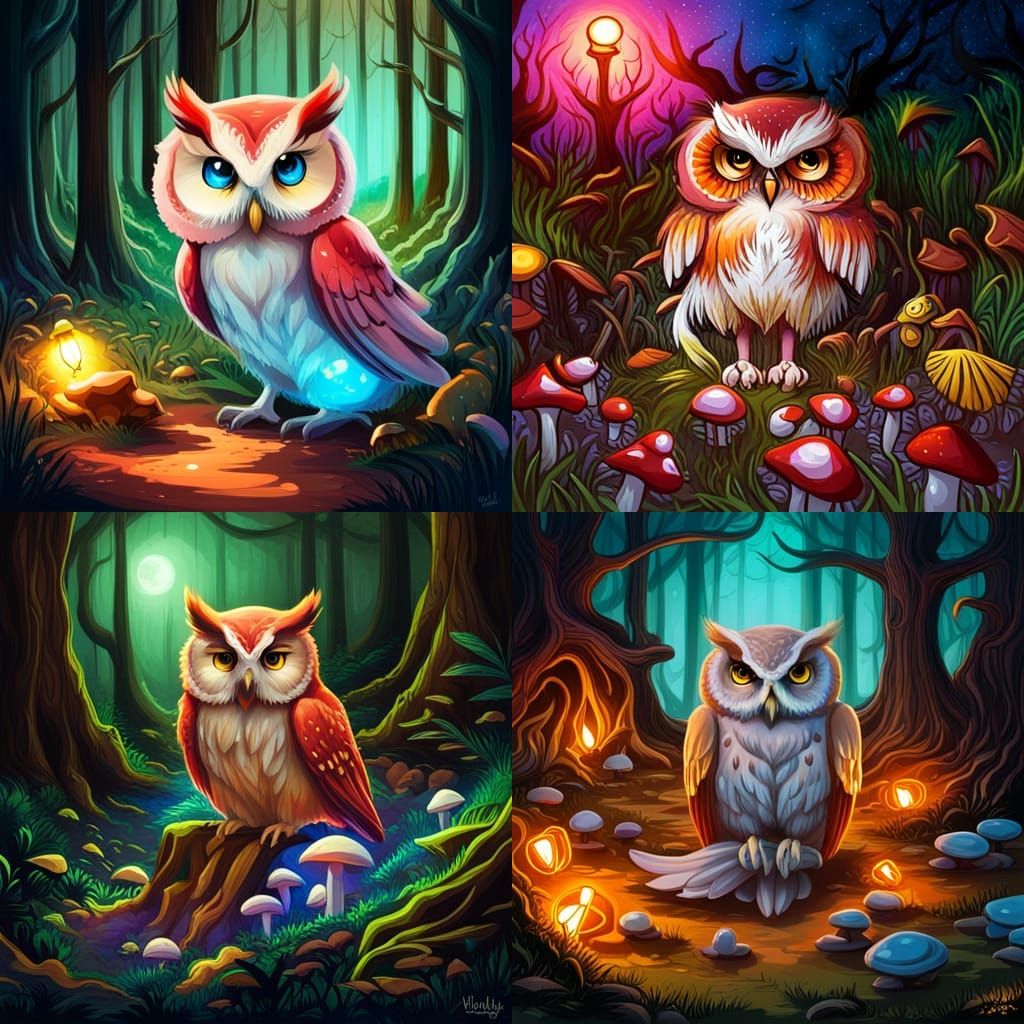 ghibli style owl in a wood with mushrooms and fairys at night with ...