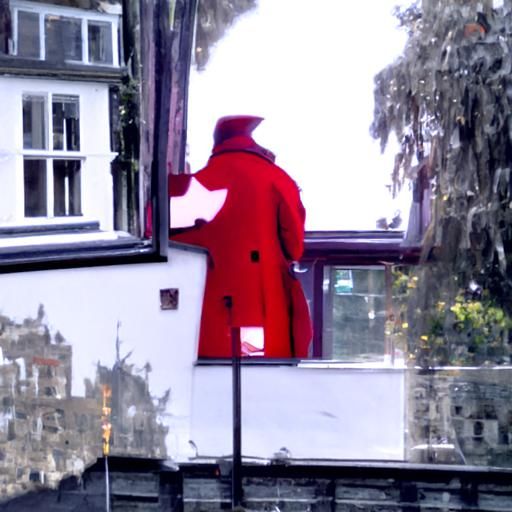The man in the red coat beside the window