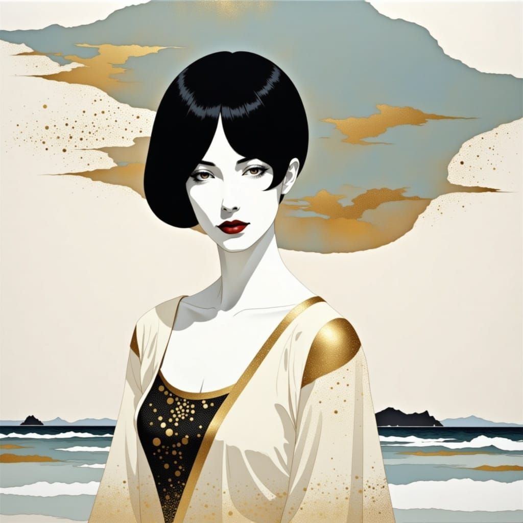 "Richard Burlet; Minimalist, black short haired woman in a seashore nature illustration; surreal; white and gold color; high key, no signatu...