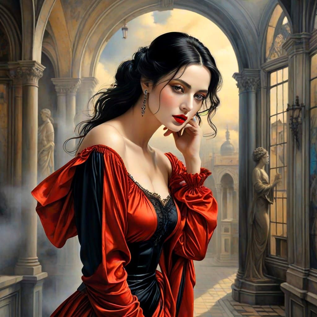 Surreal Gothic Lady in Fantastical Surroundings, Stylized in...