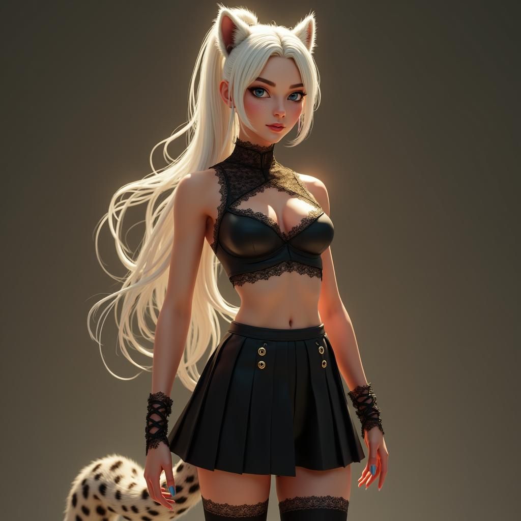 Woman in her early 30's with long white hair tied in a ponytail, dark brown eyebrows and deep blue eyes, a couple of cute freckles on her fa...