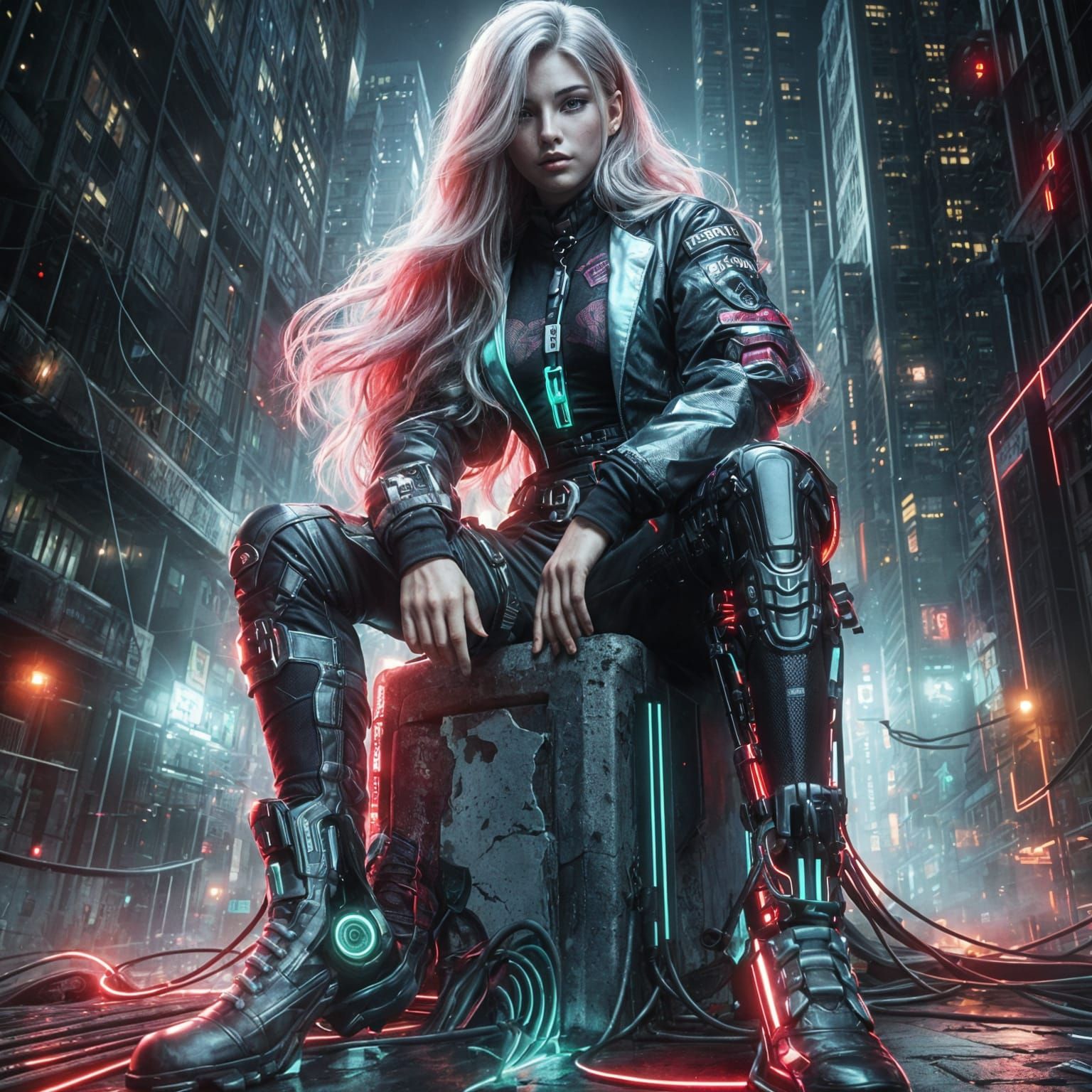 Woman in cyberpunk cityscape
