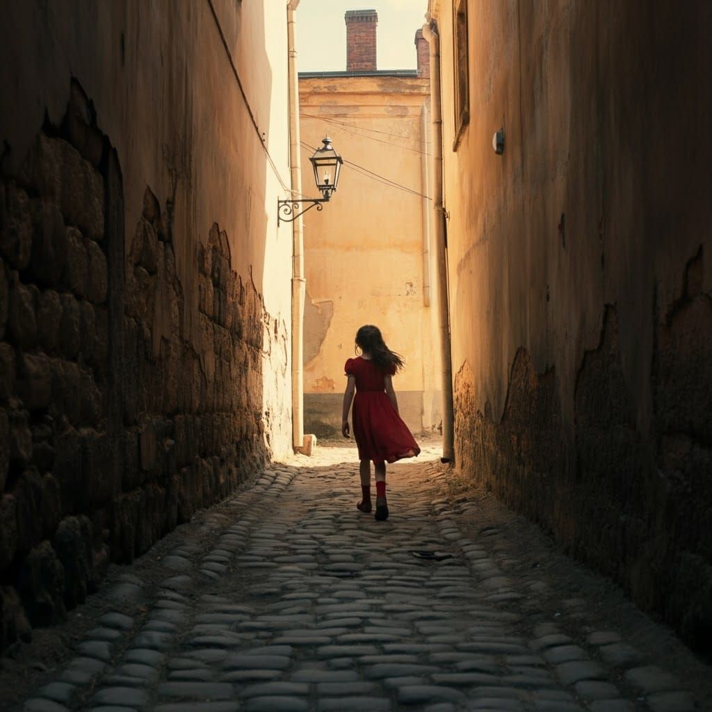 Girl in Red Dress Wandering Through Deserted Alley