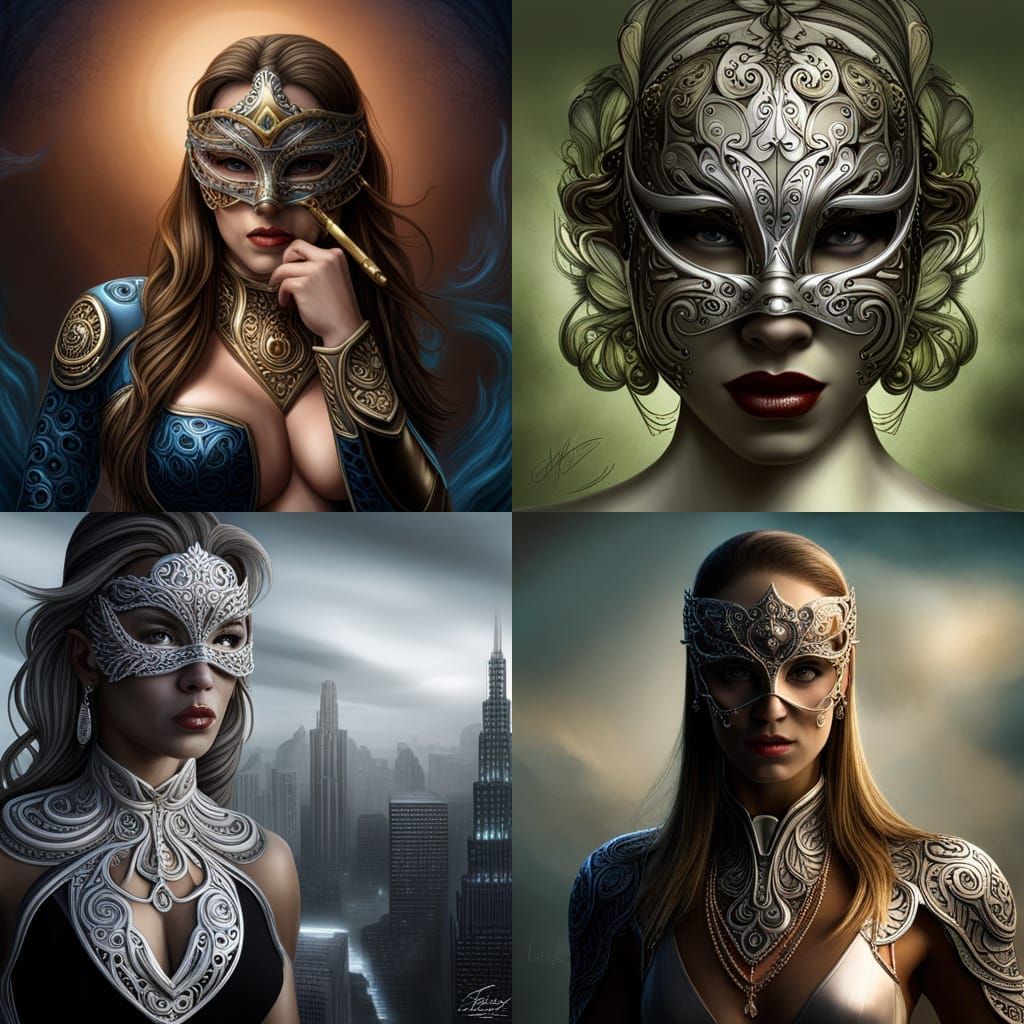 Masked female superhero;, airbrush art, fantasy, waist to fa...