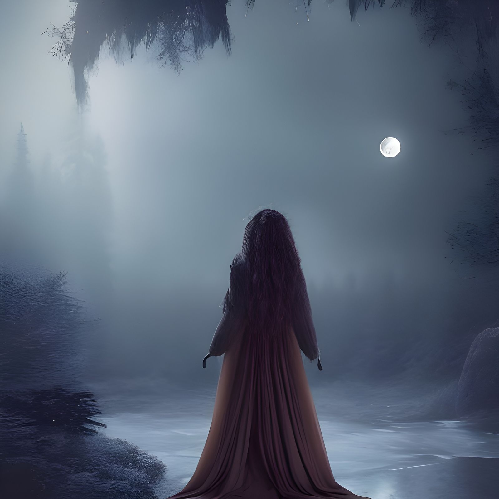 In a dark, enchanted forest, a young woman stands amidst ethereal lights  casting ghostly glows, with a sky of brooding clouds and shimmering - AI  Generated Artwork - NightCafe Creator