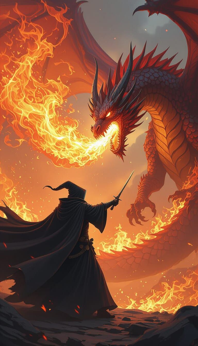 A wizard in a black cloak with a skeletal face is duelling a fire-breathing dragon.